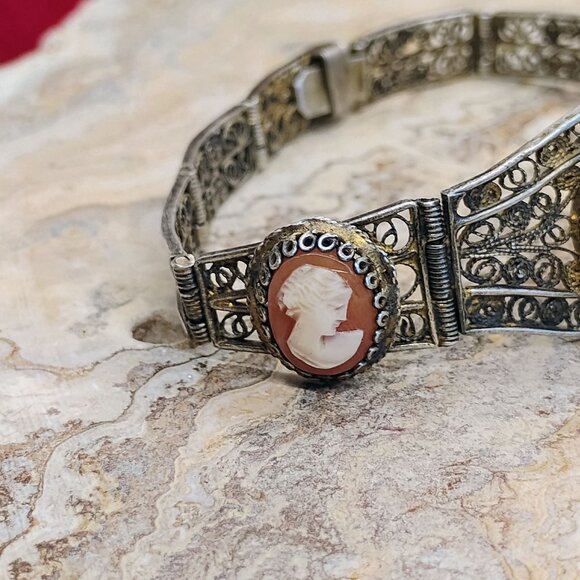 Antique Victorian 800 Silver Filigree Mother of Pearl MOP Cameo Bracelet - Picture 5 of 13
